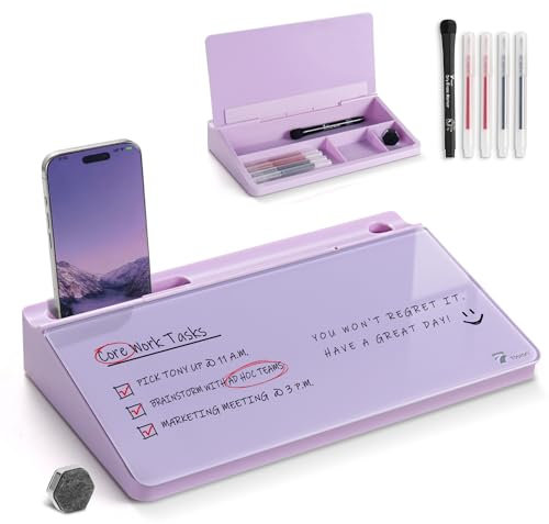 TOWON Small Glass Desktop Whiteboard with Storage – 30 x 17 cm Dry Erase Board for Desk, Home Office, School | Includes 5 Markers, Eraser & Holder | Space-Saving Organizer, Aesthetic Lavender Design