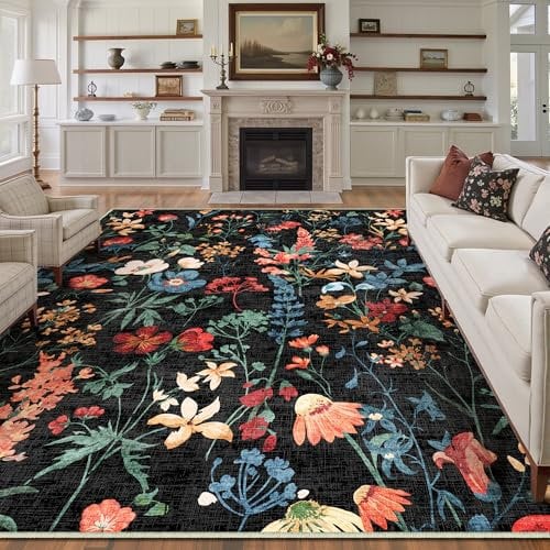 Schwarz Waschbarer Teppich Blumenmuster 200x300cm Blumen Boho Neutral Modern Rugs for Living Room Weich rutschfest Groß Tepich Kurzflor Schlafzimmer Carpet Esszimmer Bedroom Teppiche Büro