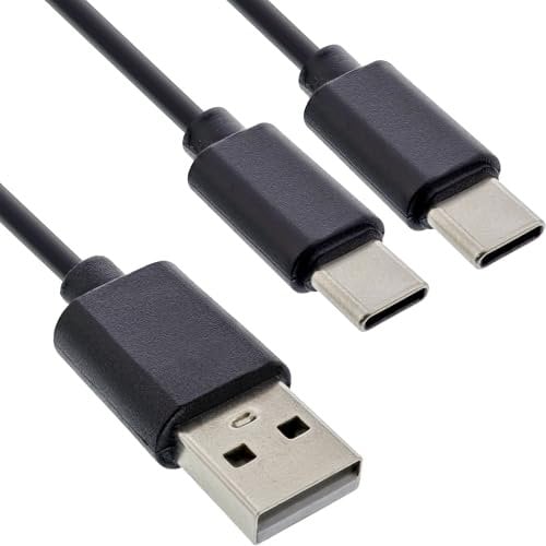 InLine Câble de charge en Y 2 en 1, USB-A vers 2 ports USB-C, jusqu'à 25 W de puissance de charge, double câble de charge compact pour gadgets, pas de charge rapide, 1 m, 35121