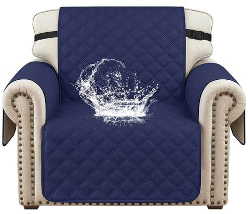 YSTELLAA Sofa Überzug 1 Sitzer Mit Armlehnen, Dunkelblau | Sofabezug Rutschfest, Gesteppte Sofaüberzug Mit Seitentaschen, Couch Überzug Kratzfest Für Haustiere Hunde Katzen