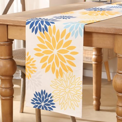 Table Runner Mustard Yellow Navy Blue Flowers Dahlia Table Runner Modern Autumn Seasonal Table Runner Kitchen Table Decoration Tablecloth for Wedding Dining Room Indoor Holiday Party Decor 40 x 140 cm