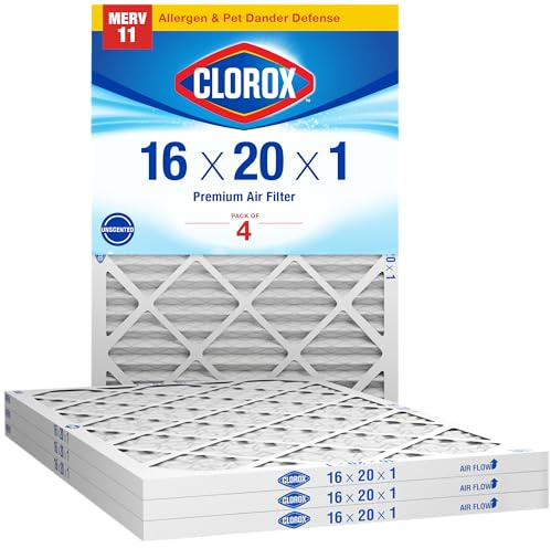 Clorox 16x20x1 Air Filter, MERV 11 Pleated HVAC AC Furnace Air Filters for Dust, Pollen and Pet Dander, MPR 1000 & FPR 7 – Pack of 4