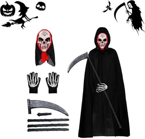 Coffee Life Plus Deguisement Halloween Faucheuse,Déguisement Faucheuse pour adultes et enfants,masque de crâne, faux, gants de squelette,Cape Noire à Capuche pour la Halloween,Cosplay,Carnaval