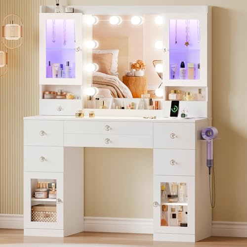 Dripex Dressing Table with Power Outlet, Vanity Desk with 4 Show Cabinets | Vanity Table with 10 LED Bulbs , Adjustable Brightness, Makeup Desk with 7 Drawers, 5 Open Storage Areas and Hairdryer Holder