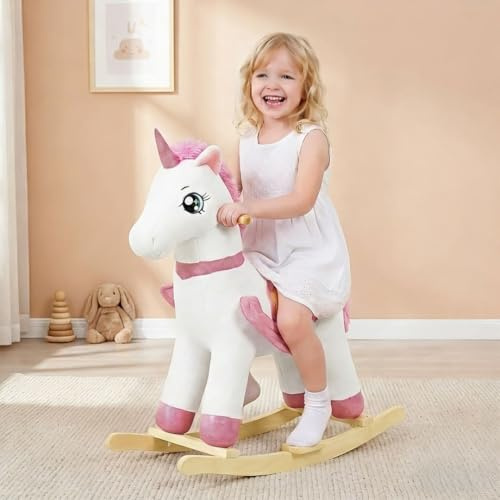 FUNLIO Einhorn-Schaukelpferd für Babys, Regenbogenfee-Einhorn-Schaukelpferd für Kinder 3-6 Jahre, Plüsch-Reittier, Einfach zu montieren, 73x34,7x79cm