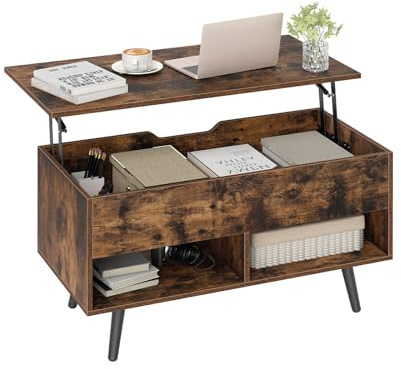 GOPLUS Couchtisch höhenverstellbar, Kaffeetisch mit anhebbarer Tischplatte, Sofatisch mit Stauraum & offenen Fächern, Wohnzimmertisch Holz, Stubentisch für Büro Wohnzimmer, 80 x 40 x 46-60 cm, Braun