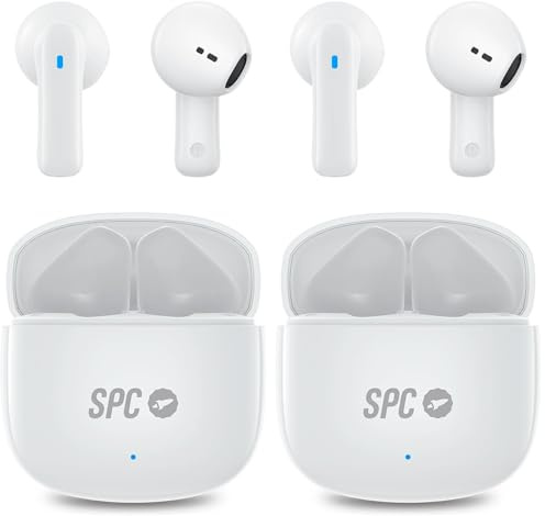 SPC Zion 2 Play – Auriculares inalámbricos Bluetooth para 28h de batería con varias cargas, ultracompactos, control táctil, manos libres, asistente de voz y estuche de carga USB-C muy pequeño - Blanco