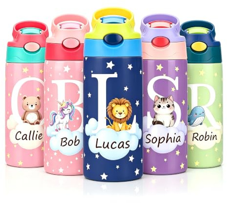 VEELU Gourde Isotherme Personnalisable Enfant avec Paille 350 ml, Gourde Enfant Personnalisée avec Prénom, Bouteille d'Eau Sans BPA en Tritan pour École, Maternelle, Sport, Rentrée Scolaire