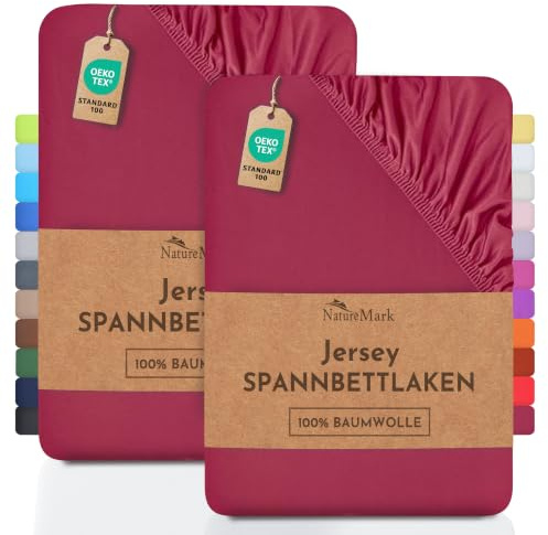 NatureMark 2er Pack Kinder Jersey Spannbettlaken, Spannbetttuch 100% Baumwolle in vielen Größen und Farben MARKENQUALITÄT ÖKOTEX Standard 100 | 70x140 cm - Bordeaux rot
