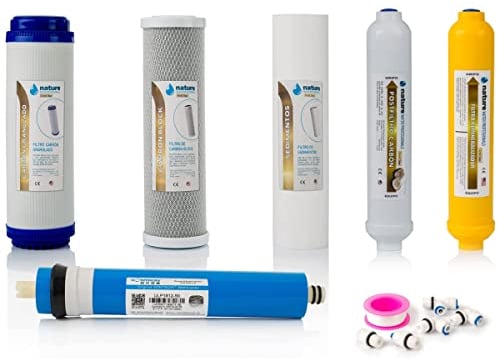 NATURE WATER PROFESSIONALS - Set mit 5 Universalfiltern für Umkehrosmose — beinhaltet Vontron 50GPD Membran, Teflonrolle, Stecker und T — ideal für universelle 6-stufige Geräte —