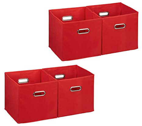 4 x Aufbewahrungsbox, Regalkorb ohne Deckel, Faltkiste mit Griff, Regalbox faltbar, Stoffbox quadratisch, 30 cm, rot