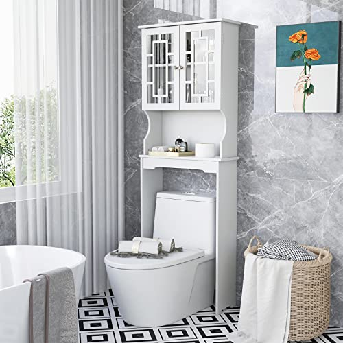 GOPLUS Meuble Étagère de Salle de Bain, Rangement au Dessus des Toilettes WC ou Lave-Linge, Armoire Verre Transparente et Étagère Ouverte, 60x21,5x170,5CM, Blanc