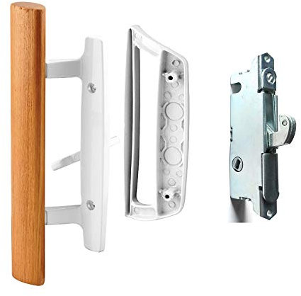 Sliding Glass Door Handle Set Oak Wood Interior Handle and Exterior Pull White Diecast Finish+Mortise Lock 45° Keyway Fits 3-15/16” Screw Hole Spacing, Non-keyed with Latch Locks(White)