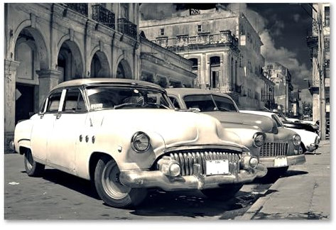 Postereck - 0462 - Oldtimer, Kuba Auto Schwarz Weiss Havanna Vintage - Fahrzeug Wandposter Fotoposter Bilder Wandbild Wandbilder - Leinwand - 100,0 cm x 75,0 cm