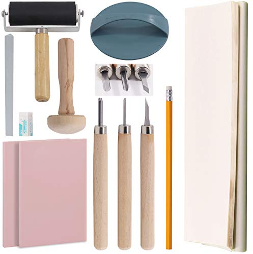 Rustark 39-teiliges Gummistempelherstellungs-Set, Druck-Starter-Werkzeug-Set mit Schnitzmessern, Gummi-Schnitzblöcken, Tintenroller, Modellieren, Stempeln