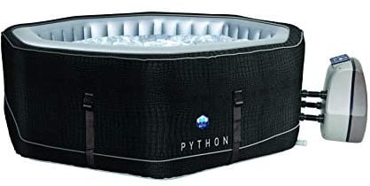 JUNG Python Design Whirlpool aufblasbar achteck, Krokodil-Optik, 5 Personen SPA Selbstaufblasend, beheizter Pool Outdoor & Indoor, Ø 185cm, 130 Wellness Luftdüsen