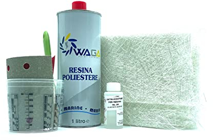 WAGA PAINT S.R.L. Kit Vitre Complet Kit de Réparation Fibre de Verre Résine Polyester 1KG + Fibre de Verre - Réparations Nautiques, Carrosserie Auto, Motos, Camping Car - Waga Paint Tecniques