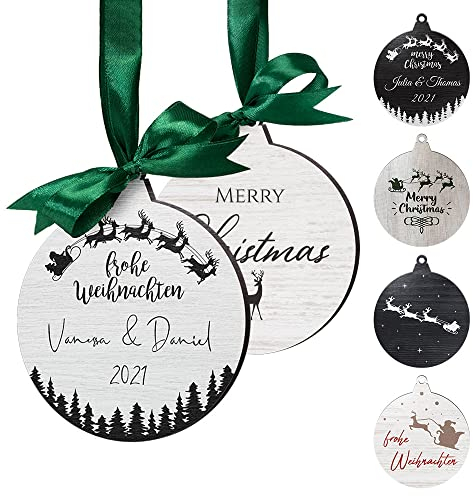 Personalisierte Baumkugel Anhänger - Weihnachtskugeln mit Namen & Text personalisiert - Christbaumschmuck Holz weiß - Geschenkanhänger selbst gestalten