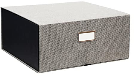 simpahome Home Office Storage Box File Organiser - GREY Jute Styling - Name Plate, Magnetic Secure Lid - 15cm (H) x 32.5cm (W) x 30cm (D)