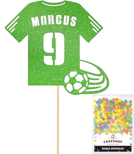 Personalised Birthday Football Kit Jersey Cake Topper- Green Any Name & Age Number Glitter Cake Decoration and Sprinkles - Happy Birthday Decorations - Personalised Toppers for Cakes by Cakeshop