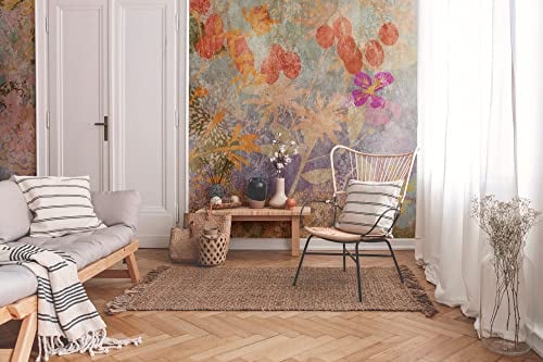 Livingwalls The Wall Vliestapete mit floralem Muster – 3,71 m x 2,80 m – Bunt, Orange, Lila – Fototapete mit Blättermotiv Made in Germany – 382641