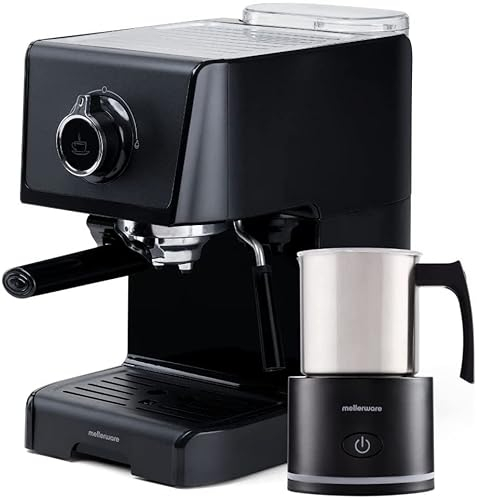 Mellerware - Pack | Macchina da caffè espresso Koffy! + Montalatte elettrico Frothy! | CAFFETTIERA: 20Bar e 1200W Cialde e macinato | CAPPUCCINATORE: 600W y 250ml, Schiuma calda/fredda | Inox Black