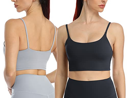icyzone Damen Sport-BH Camisole Stretch Fitness Crop Top mit BH Gepolstert Yoga Bra, 2er Set (S, Black/Grey)