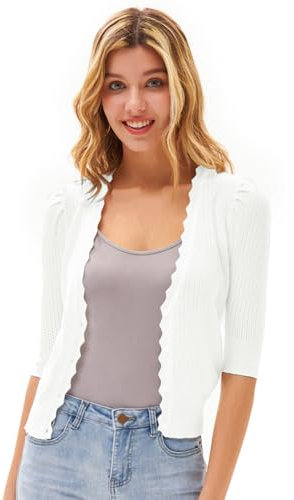 GRACE KARIN Ladies Elegant Cardigans 3/4 Puffed Sleeve V-Neck Hollowed-Out Open Front Knitwear Shrug White XL
