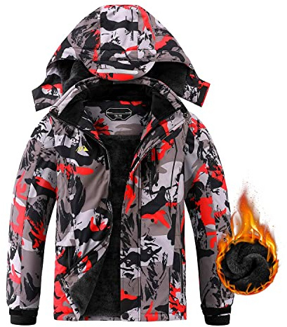 AFILOK Giacca da sci per bambini, impermeabile, traspirante, in pile, antivento, con cappuccio, Rosso mimetico, 10-12