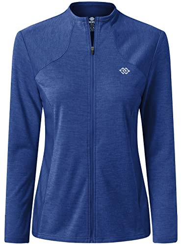 MoFiz Donna Giacca da Corsa Felpa Sportiva Leggera Manica Lunga Traspirante Top da Tuta Cerniera Integrale senza Cappuccio per Running Fitness Yoga Palestra con Tasche Blu L