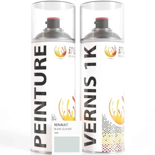 ipixline Kit Retouche Peinture Carrosserie Voiture - Bombe Aérosol Peinture Auto 400 ml, Vernis Brillant 1k 400 ml - Compatible avec Renault - Blanc Glacier 369