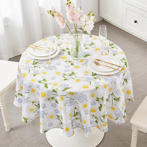 SUCHDECO Round Tablecloth 150cm Table Cloth Wipe Clean Table Cloths Waterproof Wipeable Floral Table Cover for Garden Table, Kitchen, Dining Room, Party, Coffee Table, White Daisy