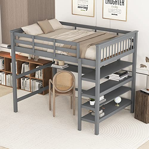 Moimhear Lettino per bambini, letto a soppalco con ripiani e scrivania sotto il letto (grigio, 140 x 200 cm)