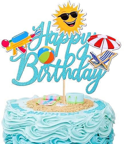 SYKYCTCY 1 Pack Summer Beach Cake Topper Swimming Pool Birthday Cake Pick Hawaii Beach Sun Happy Birthday Cake Decor Tropical Surfing Party Decorations for Summer Holiday Theme Baby Shower Supplies