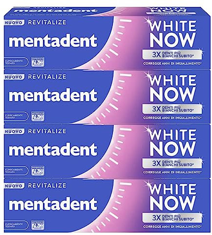 Mentadent White Now Revitalize Zahnpasta Aufhellung gegen Vergilbung Zähne für natürlichen Nagellack Temporäre Aufhellung - 4 Flaschen à 75 ml