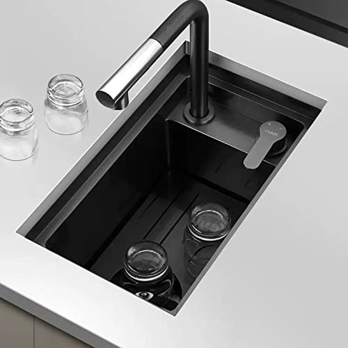PhIree Black Bar Sink with Cup Washer Coffee Room Small Sink with Lid Hidden Black Sink Adjustable Faucet Complete Accessories/Black/46X28X22.5Cm
