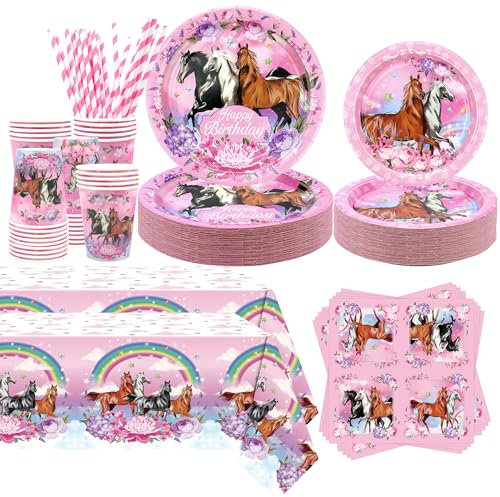 Obussgar Pink Horse Party Decorations, Cartoon Horse Theme Party Supplies Includes Plates, Cups, Tissues, Tablecloths, Straws, Horse Theme Birthday Party Decorations for Girls (40)