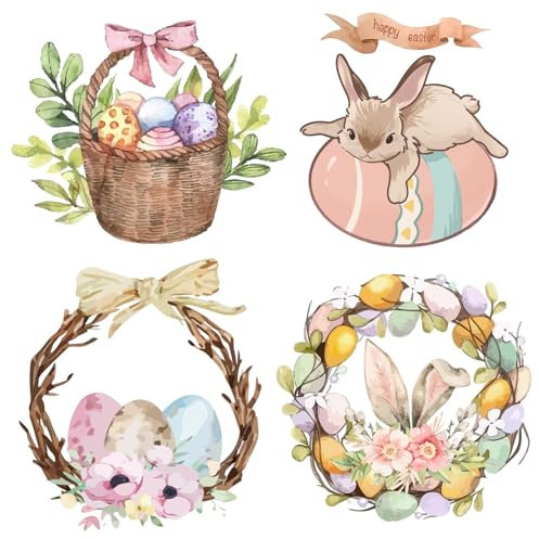 GORGECRAFT 4 Stile Kaninchen-Fensteraufkleber Ostern Statische Glasaufkleber Kaninchen-Ei-Blumen-Muster Runde Dekorative Aufkleber Folie Für Wohnzimmer Schlafzimmer Café Glastür Display