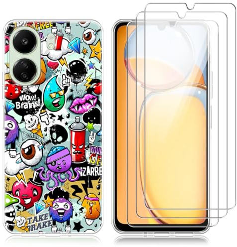 Coque pour Xiaomi Redmi 13C 4G / Xiaomi Poco C65, avec 3 Pièces Film Protection, Coloré Souple TPU Housse Étui, d'écran en Verre Trempé pour Xiaomi Redmi 13C / Xiaomi Poco C65.