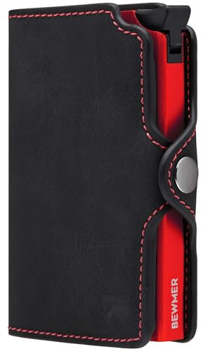 BEWMER Porta Carte di Credito 1 Schermato | Portafoglio Slim da Uomo e Donna | Porta Tessere e Documenti con Rfid Protection e Fermasoldi in Carbon Fiber (Nero e Rosso Senza ZIP)