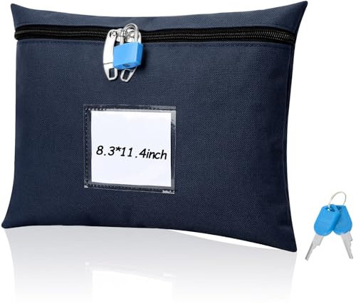 Geldtasche aus Segeltuch mit Schloss und 2 Schlüsseln, 29,6 x 21,6 cm, mit Reißverschluss, Dunkelblau