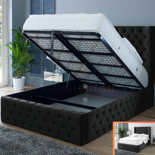 Furnishion Ottoman Bed - Black Velvet Double Bed with Storage - Wingback 4ft6 Bed - Mattress Not Included & 48inch High Headboard