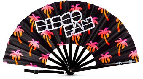 DiscoFan Folding Hand Fans for Women, Personal Handheld Fan for Men, Festival Fan, Drag Fan, UV Glow Party Fans for Wedding, LGBT Gay Pride Accessories, Birthday Decoration Props (Pink Palm Trees)