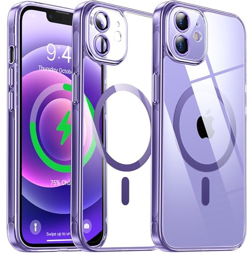 Flyzoo Coque Magnétique Transparente pour iPhone 12 (6.1'') avec Objectif Film, [Compatible avec MagSafe] [Protection Antijaune & Antirayure & Antichoc] Etui Housse Dur avec Silicone Bord, Violet