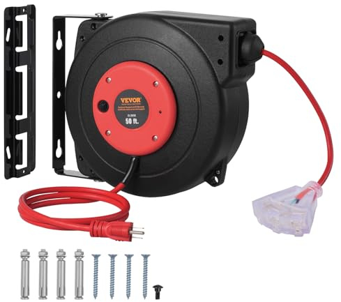 VEVOR Retractable Extension Cord Reel, 50 FT, Heavy Duty 14AWG/3C SJTOW Extension Power Cord with Lighted Triple Tap Outlet, 13A Circuit Breaker 180° Swivel Bracket for Ceiling or Wall Mount, Red