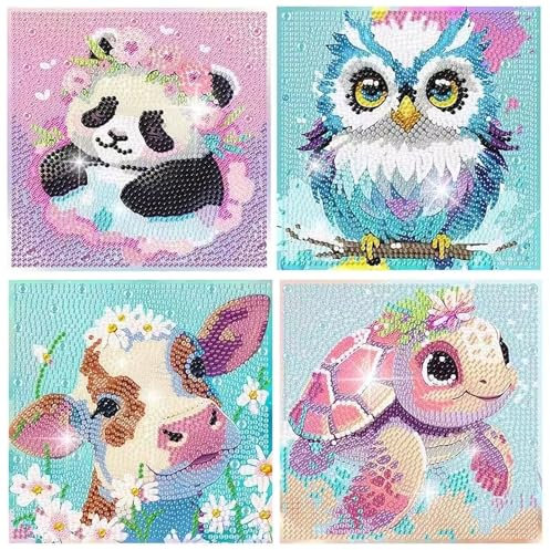 Realjoy 4 Piezas 5d diamond painting niños kit,Pintura de Diamantes para Niños,DIY Animales Pintura Diamante para Navidad,Cumpleaños,Decoración de Pared del Hogar