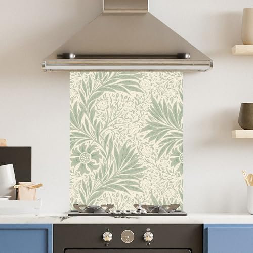 Toughened 6mm Glass Kitchen Splashback 60 x 75cm Pale Green Leaf Pattern Heat Resistant Back Splash for Cookers Hob