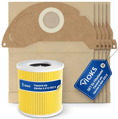 VIOKS Set 5x Staubsaugerbeutel Ersatz für Kärchеr 6.904-322.0 + 1x Staubsauger Filter Ersatz für Kärchеr Patronenfilter 6.414-552.0 - Beutel Filter für Staubsauger Nass Trockensauger WD1 WD2 WD3 WD4