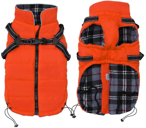 Pethiy Winter Warm Coat Waterproof Dog Winter Jacket with harness traction belt,Pet outdoor jacket Dog autumn and winter clothes For Medium, small Dog-Orange-S