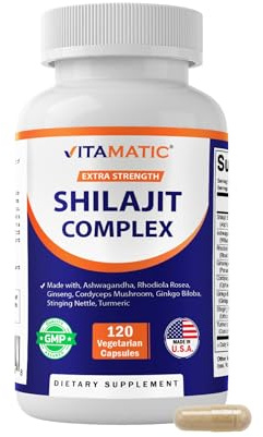 Vitamatic Shilajit Complex – Plant-Based Capsules with Ashwagandha, Rhodiola, Ginseng, Cordyceps, Ginkgo, Nettle & Turmeric – Botanical Extract – Vegetarian, Non-GMO – 120 Count